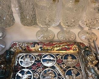 Unique tray and beer glasses, water glasses, champagne flutes, highball, cognac glasses and more!