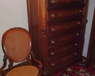 Walnut Victorian Lock Side Chest, Caned Rocker