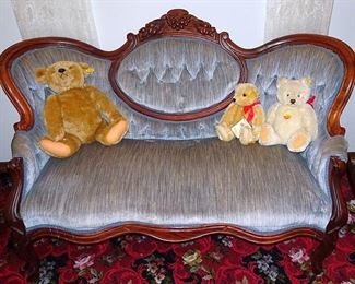Walnut Victorian Medallion Back Love Seat, Steiff Bears