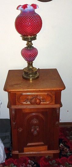 Walnut Victorian Half Commode/ Night Stand, Fenton Cranberry Hobnail Lamp