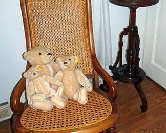 Walnut Victorian Caned Rocker, Fern Stand, Steiff Bears