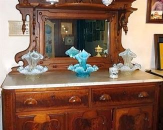 Walnut Victorian Marble Top Sideboard With Mirrored Back