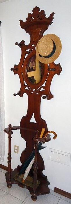 Walnut Victorian Mirrored Back Hall Tree