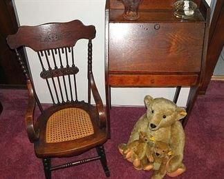Child's Pressed Back Oak Rocker & Drop Front Desk, Steiff Teddy Bears