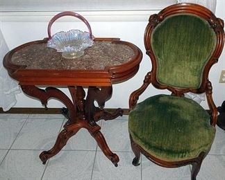 Walnut Marble Top Parlor Table & Chair