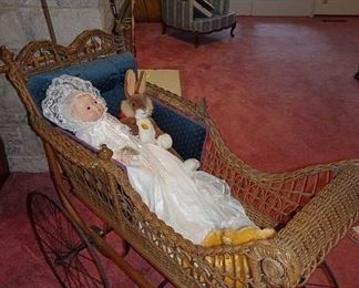 Ornate Wicker Baby Buggy & Parasol