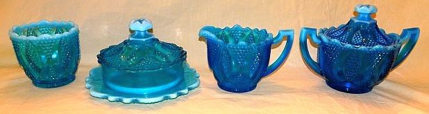 Opalescent Table Set W/ Butter Dish, Creamer, Sugar, Spooner