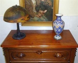 Walnut Victorian 3 Drawer Chest, Reverse Painted Scenic Lamp
