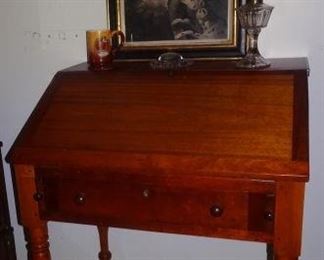 Period Cherry Drop Front Desk W/ Tiger Maple Interior
