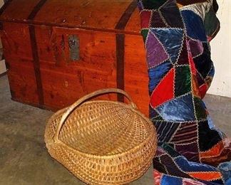 Early Dome Top Immigrants Trunk W/ Original Key, Crazy Quilt, Gathering Basket