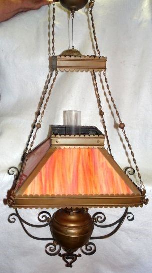 Slag Glass Brass Frame Hanging Lamp