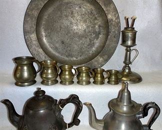 Early Pewter Charger, Measurers & Tea Pots
