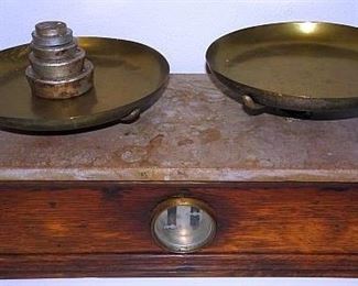 Marble Top Scale W/ Brass Pans & Weights