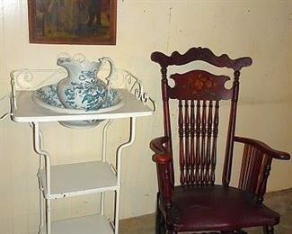 Metal Open Washstand, Pitcher & Bowl, Spindle Back Mahogany Arm Rocker