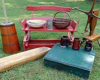 Wooden Wagon Seat, Country Store Counter In Old Green, Yarn Winder, Dasher Butter Churn, Wooden Trench & Round Wooden Bowls, Baskets