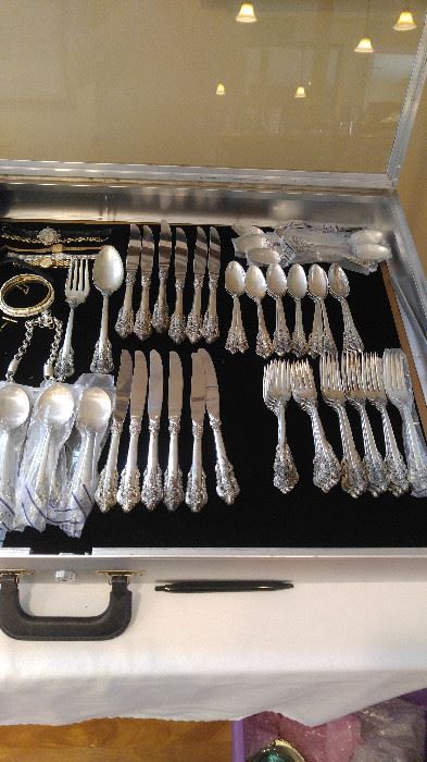 Wallace Grand Baroque service for 12,  DOUBLE TEA SPOONS, many pieces in orig wrap. Also large serving fork and spoon.