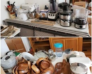 Small appliances including Nuwave Oven new in box with all accessories. Wooden Bowl Sets Mid Century