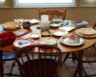 kitchen table and chairs, plates and platters