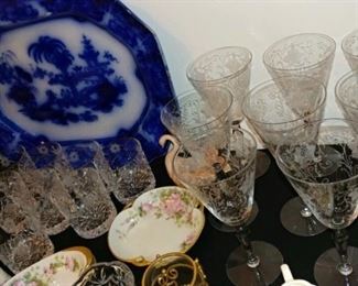 Flow Blue platter and vintage glassware