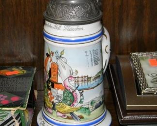 German Hand painted Nude Lithopane Train Topped Stein 10" Tall