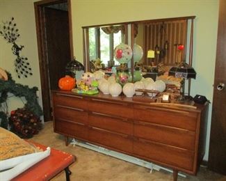 MCM long dresser, stained glass lamps, oil lamp