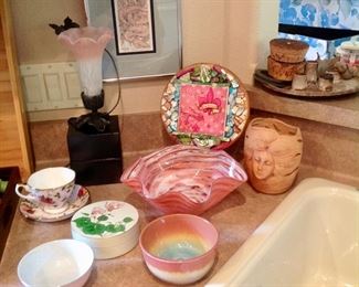 Pottery, Riley Glass Fluted Bowl, and a few other pink items, including small Pink Flower Lamp