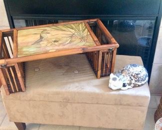 Upholstered Storage Ottoman, Ceramic Cat, & Bamboo Bed Tray
