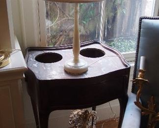 Fine Marble top Table, Vintage Glass Lamp and Petite Chandelier
