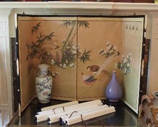 Fine Oriental Screen, Carved and Gilt Wood Table, Scrolls, Chinese Porcelain and Pottery