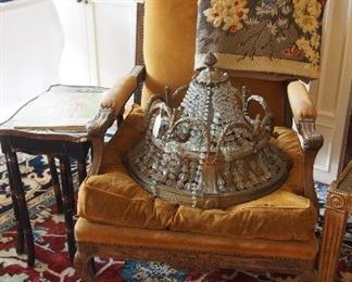 Antique French Chair, Fine french Ceiling Mount GLORIOUS Chandelier, French Tapestry
