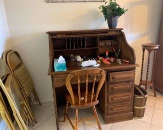 Roll top desk and card table with 4 chairs