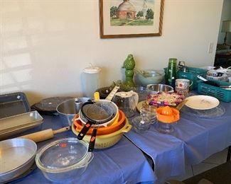 Kitchen stuff- bakeware, collanders and lots of utensils