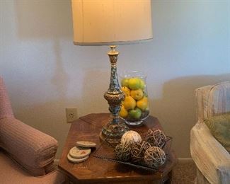 Mid century lamp (Stiffel? very heavy) and oak end table
