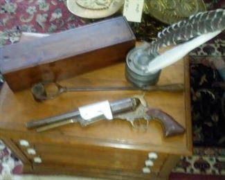 EARLY AMERICAN PRIMITIVE CANDLE BOX; PEWTER INKSTAND; CIVIL WAR BULLET CRUCIBLE; CIVIL WAR ERA PISTOL