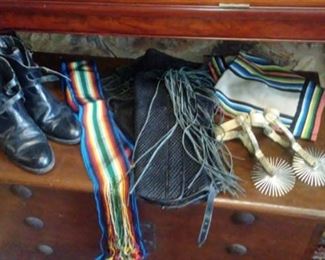 EARLY 20TH CENTURY ARGENTINA VAQUERO COWBOY OUT FIT WITH CHAPS; SASH; PONCHO; SILVER SPURS WITH LARGE ROWELS