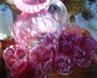 CRANBERRY OPALESCENT SPANISH LACE WATER SET