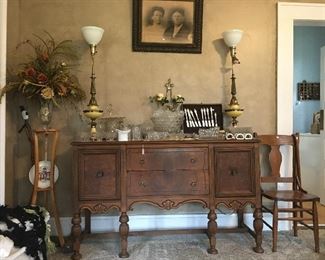 Beautiful Sideboard, Fostoria glassware, vintage lamps