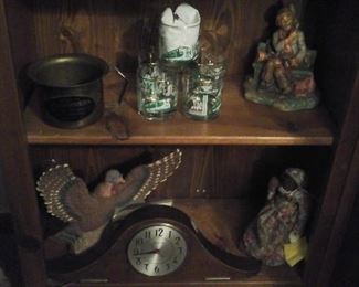Liquor decanters,  Southern Railway highball glasses, Central Pacific Railroad novelty chamber pot, session electric mantle clock
