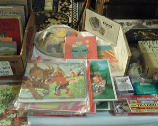 vintage puzzles,  baseball cards, Wilson score book, story books 