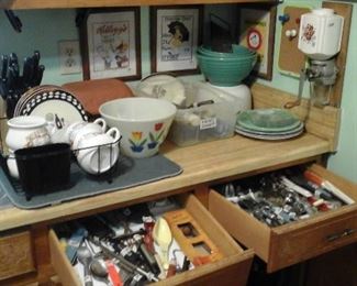 Many kitchen utensils,  fire king tulip bowl