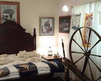 Antique spinning wheel, Queen bed