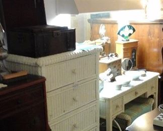wicker chest of drawers and wicker vanity stool and mirror 