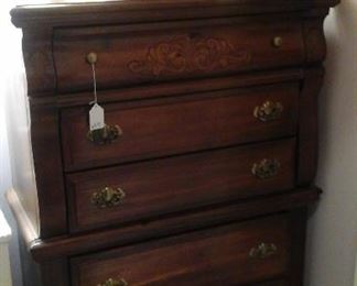 one of two Vaughan Bassett chest of drawers, hat boxes, vintage dresser lamps, antique doll bed