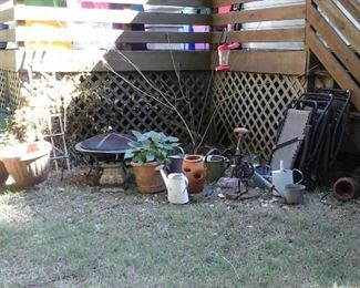 Yard art, flower pots, fire pit, Lawn chairs
