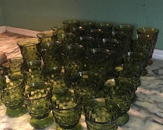 Vintage Indiana Whitehall Colony Cubist Green Footed Iced Tea Tumblers/Sherbet Juice