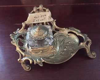Unique Antique Brass Inkwell