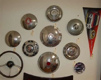 Vintage hubcaps, Alfa Remero steering wheel