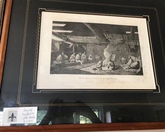 Original engraving by John Webber titled "the Inside of  a House in Nootka Sound"
