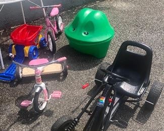 riding toys and toy box for sale including Kettcar,  Kickster bike and a great Trike