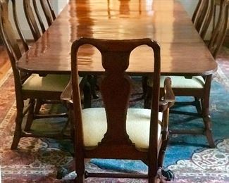 Set of eight  Antique Queen Anne Chairs and  a 19th century twin pedestal dining room table with two leaves. 